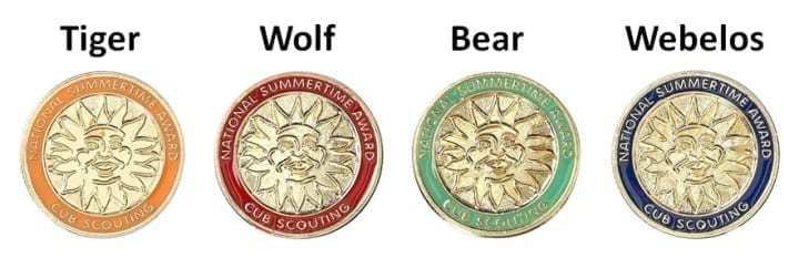 4 National Summertime Award pins, Tiger, Wolf, Bear, and Webelos